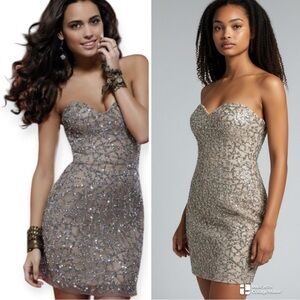 Scala 100% Silk Sparkling Silver Strapless Mini Dress
